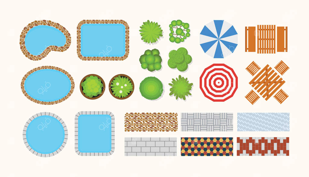 نمای بالایی مجموعه‌ای از عناصر طرح طبقه فضای باز شامل بافت راه‌ها، استخر شنا، نیمکت باغ، میز و بوته ها مناسب برای طراحی منظره و تصویرسازی معماری