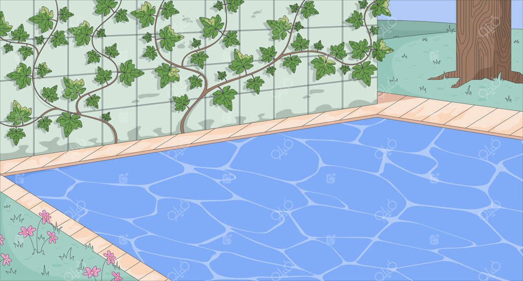 برکه باغ با دیواری پوشیده از پیچک - تصویرسازی زمینه. آبی زلال، برگ‌های آرامش‌بخش پیچک. چمن زار سبز، تنه درخت در پس‌زمینه کارتونی دو‌بعدی. تصویر هنری رنگارنگ صحنه