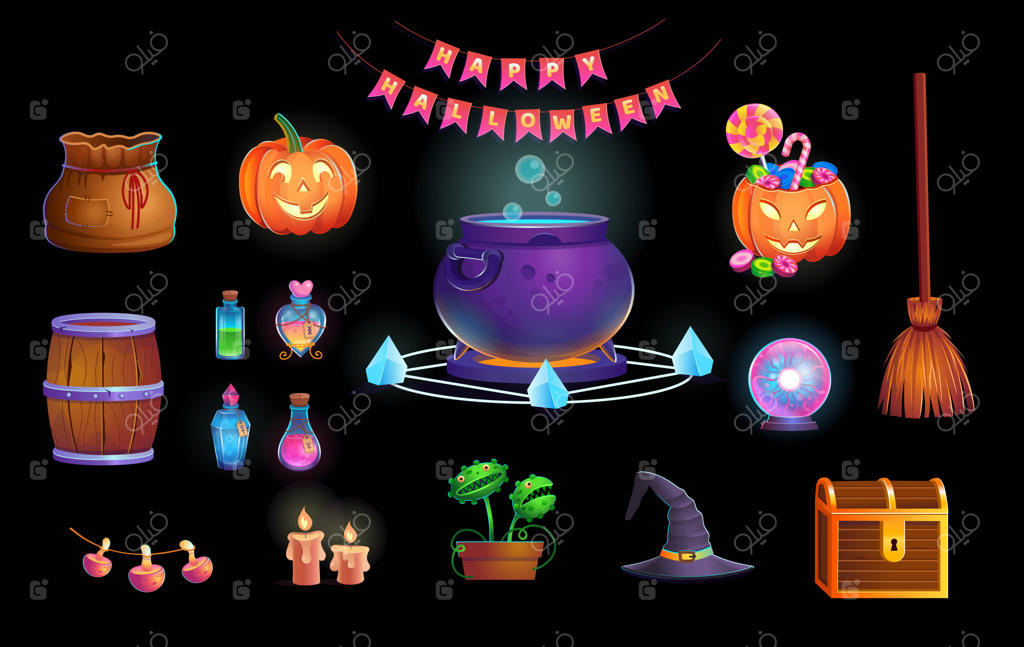 هالووین مبارک! مجموعه بزرگ هالووین با در، دیگچه، کدو تنبل‌ها، آب‌نبات‌ها، کلاه جادوگر، گوی جادویی، معجون‌ها، جارو، شکارچی مگس، عنکبوت‌ها و شمع‌ها. آیکون‌های مناسب برای بازی‌ها و اپلیکیشن‌های موبایل.