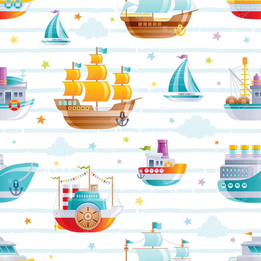 پترن پیوسته وسایل نقلیه آبی کارتونی. اسباب‌بازی‌های پسرانه زیبا: طراحی کاغذ دیواری قایق، کشتی، و ناوگان بادبانی.