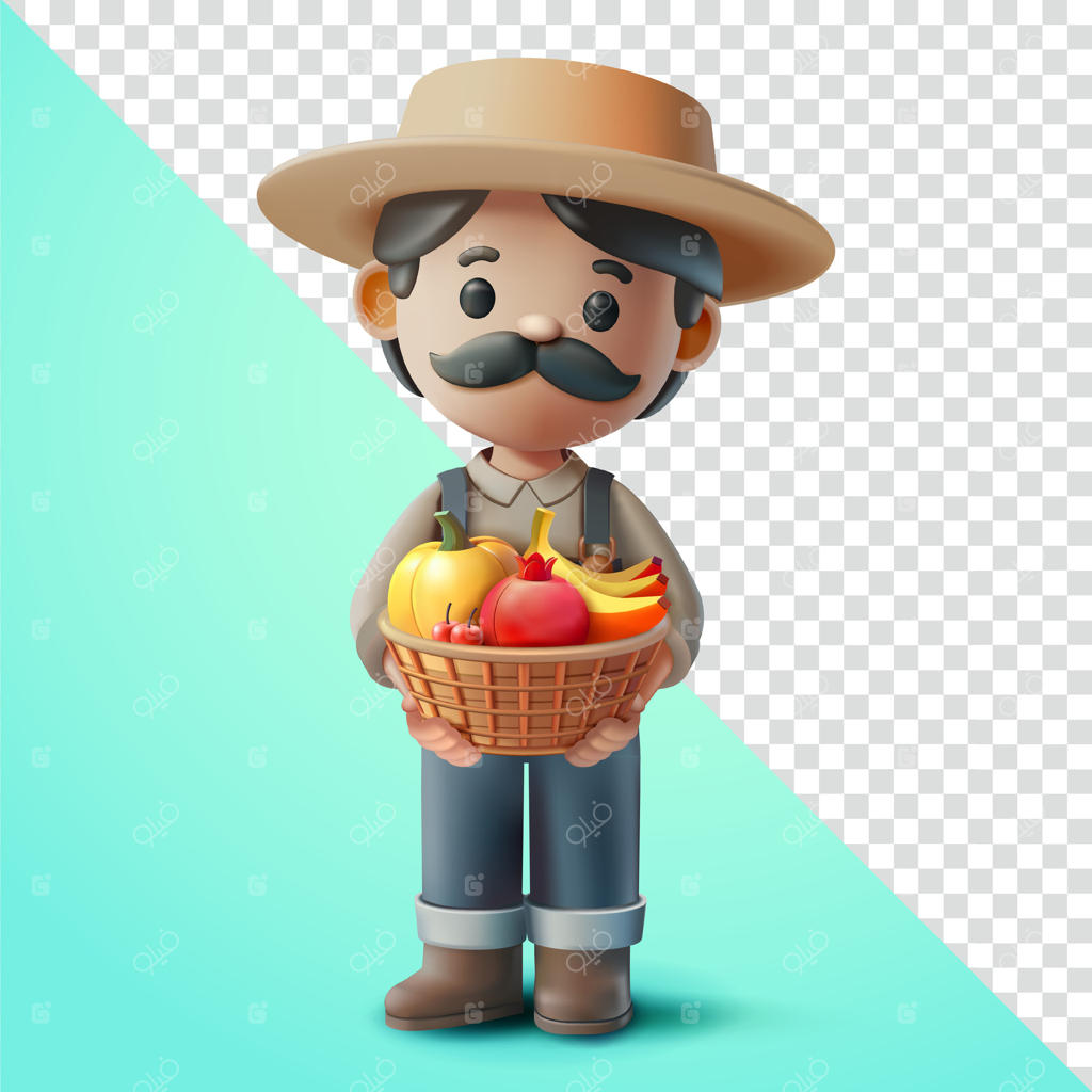 کشاورز با سبدی پر از میوه، سه‌بعدی. مناسب برای مزارع، دامداری و کشاورزی