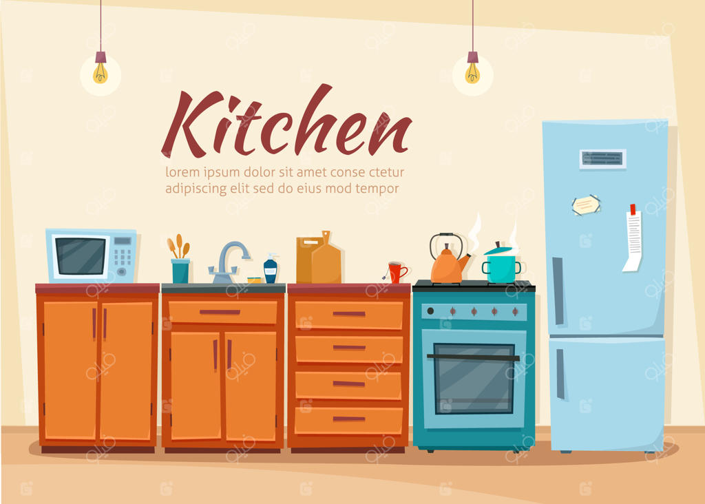 آشپزخانه دنج با مبلمان، اجاق گاز، کابینت، ظروف، یخچال و لوازم آشپزی - طراحی کارتونی