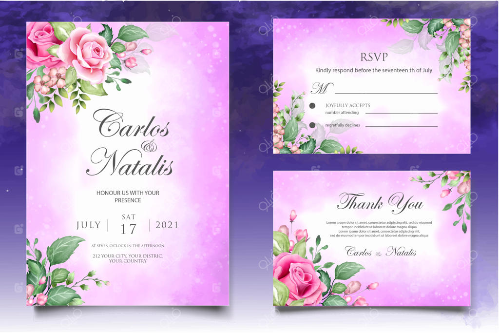 کارت دعوت عروسی با طرح گل و برگ آبرنگی