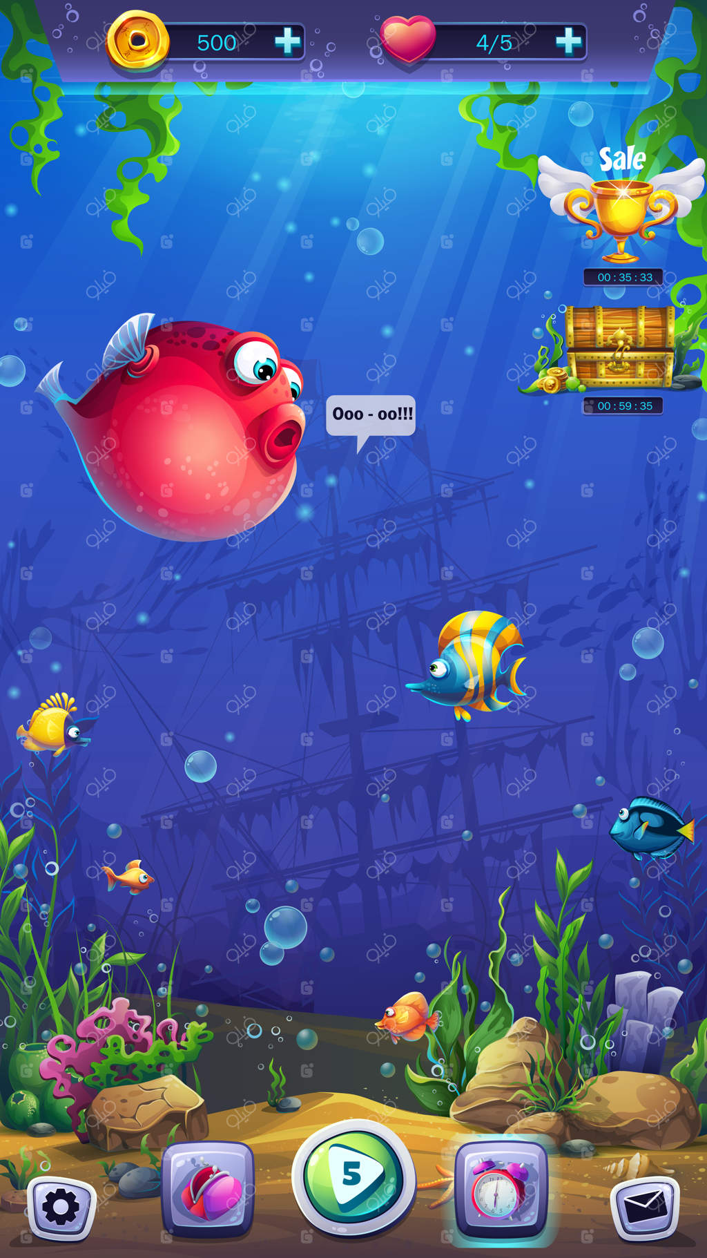 زمین بازی ماهجونگ ماهی در پس‌زمینه دنیای زیر آب