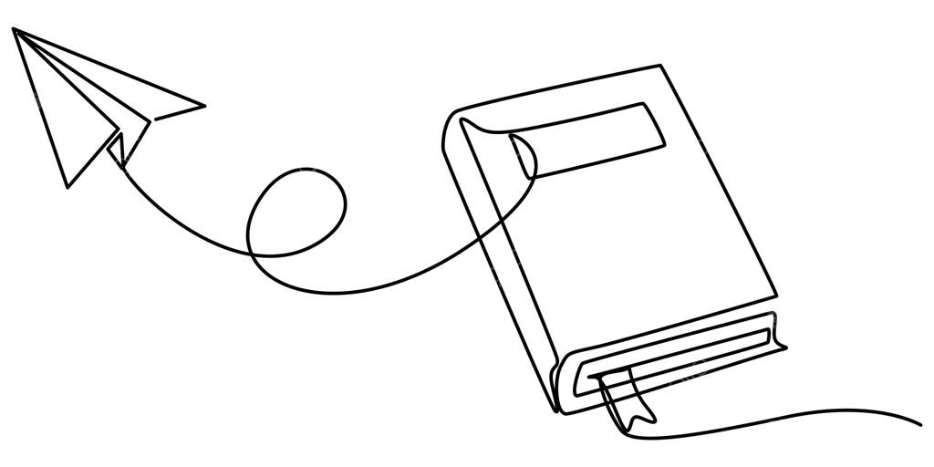 کتاب با هواپیمای کاغذی در حال پرواز - طرح خطی آموزش وکتور