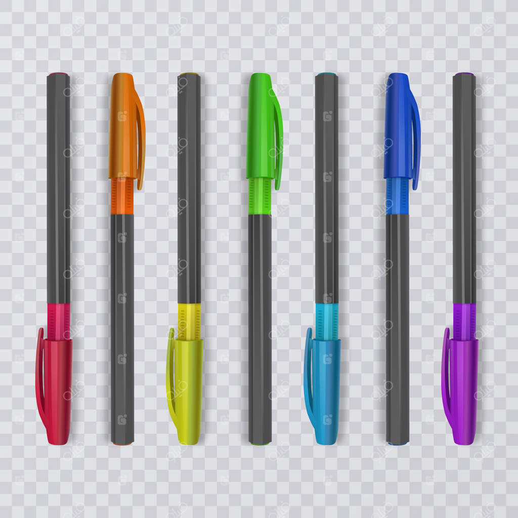 خودکارهای واقعی با رنگ‌های رنگین‌کمانی. تصویرسازی.