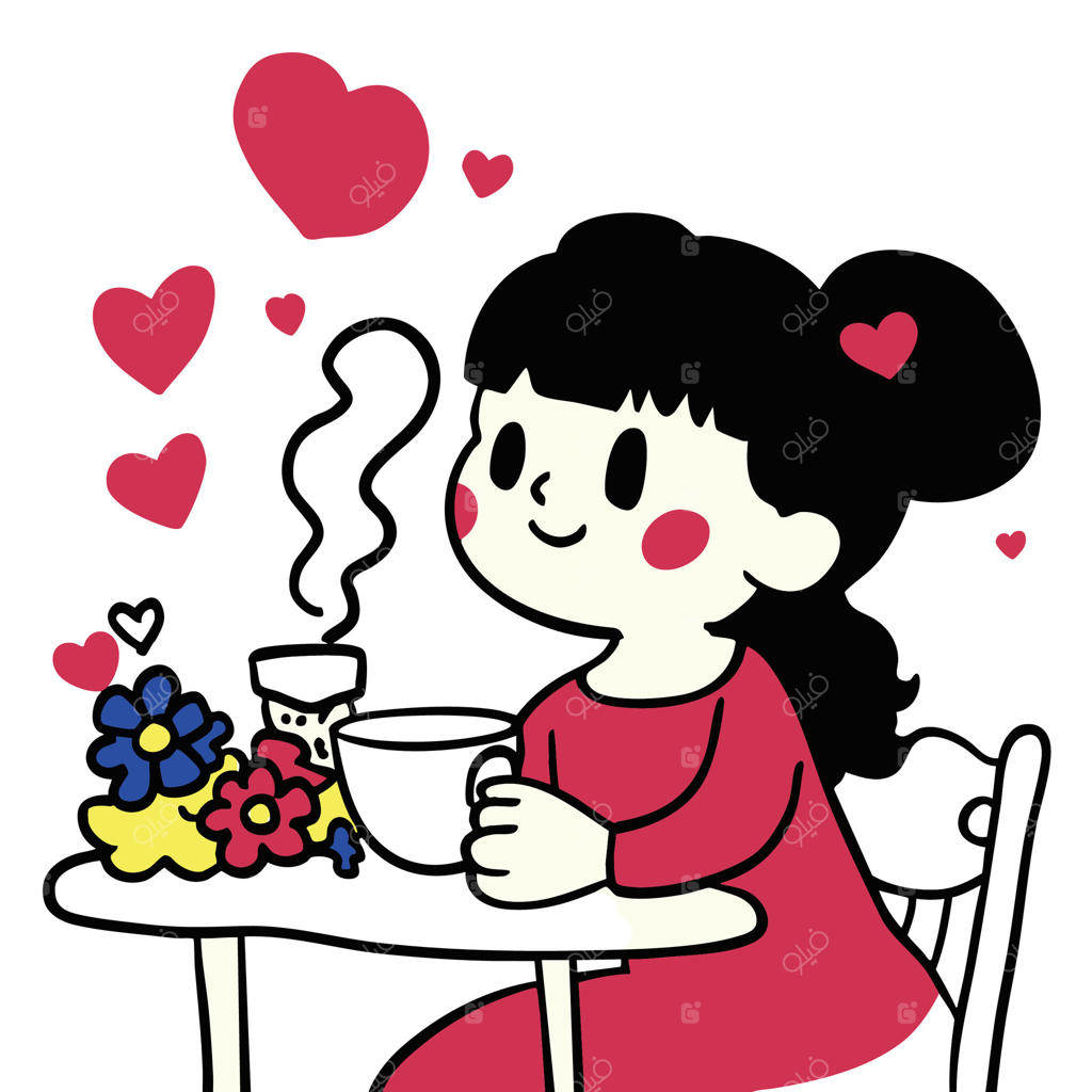 دختری در حال لذت بردن از فنجان قهوه در کنار گل‌ها، احاطه‌شده با قلب‌ها. صحنه‌ای گرم و شادمانه