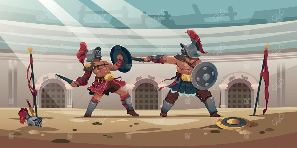 گلادیاتورها در کولوسئوم: جنگجویان باستانی رومی در میدان نبرد، شخصیت‌های کارتونی با زره و سلاح در حال مبارزه. تصویرسازی وکتور