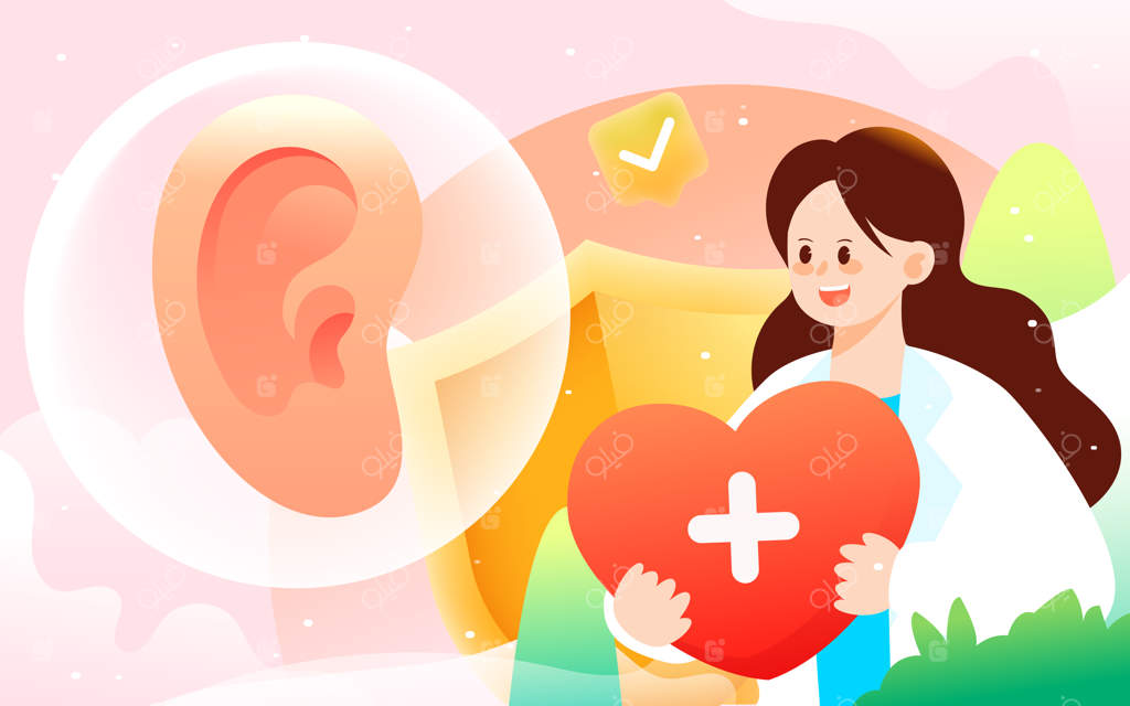 روز ملی مراقبت از گوش، پزشک گوش بیمار را در زمینه‌ای با سپر و دارو معاینه می‌کند، وکتور