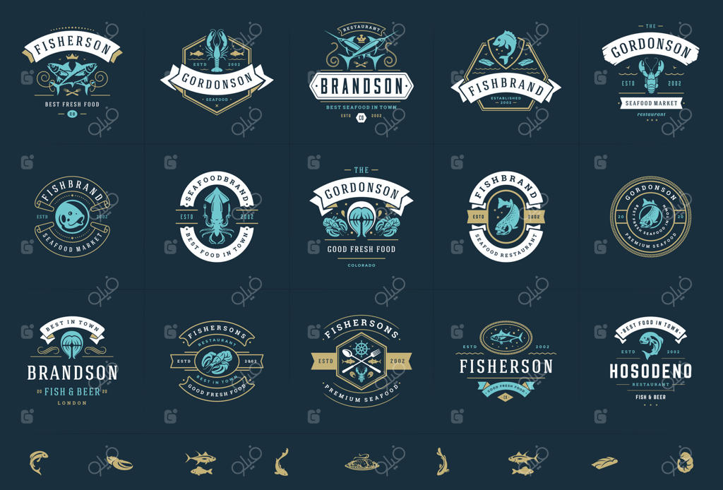 طراحی لوگو و نشانه‌های غذاهای دریایی برای بازار ماهی و رستوران‌ها