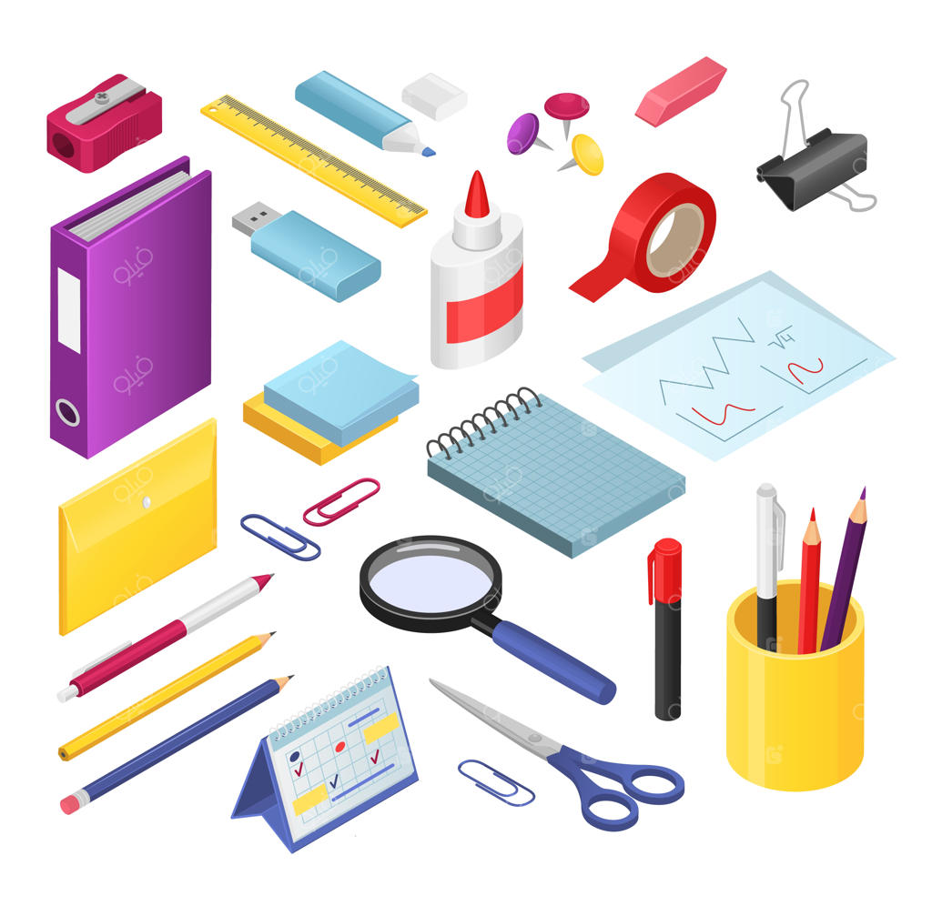 مجموعه تصویرسازی ایزومتریک لوازم تحریر، ابزارهای کارتونی مدرسه و اداری، خودکار، ماژیک، مداد، پاک‌کن و تراش