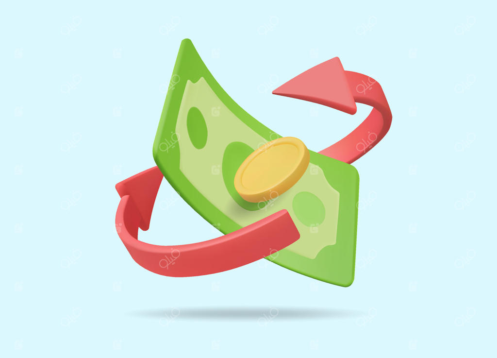 ترجمه تصویر سه‌بعدی از نماد اسکناس سبز با سکه طلا و فلش قرمز خمیده؛ مفهوم جابه‌جایی ارز، گردش مالی، تجارت، نرخ مبادله و پرداخت دیجیتال