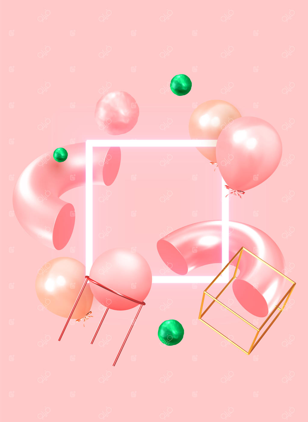پس‌زمینه‌ای جشن با بادکنک‌های هلیومی و اشیاء هندسی سه‌بعدی. تولد، پوستر یا سالگرد شادی را جشن بگیرید. فضای خالی برای متن. بادکنک‌های وکتور، به رنگ صورتی. قالبی برای کاور، بنر و پوستر.