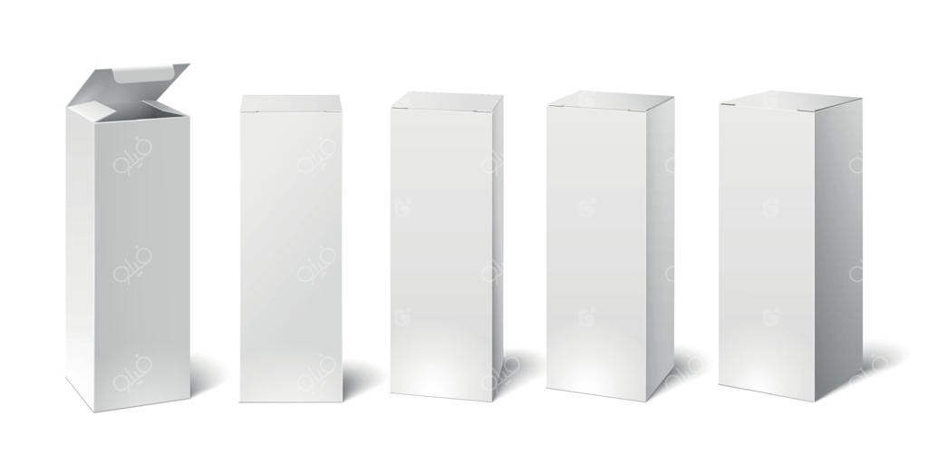نمونه‌سازی جعبه مقوایی سفید بلند. مجموعه بسته‌بندی لوازم آرایشی یا پزشکی، جعبه‌های کاغذی. تصویر وکتور
