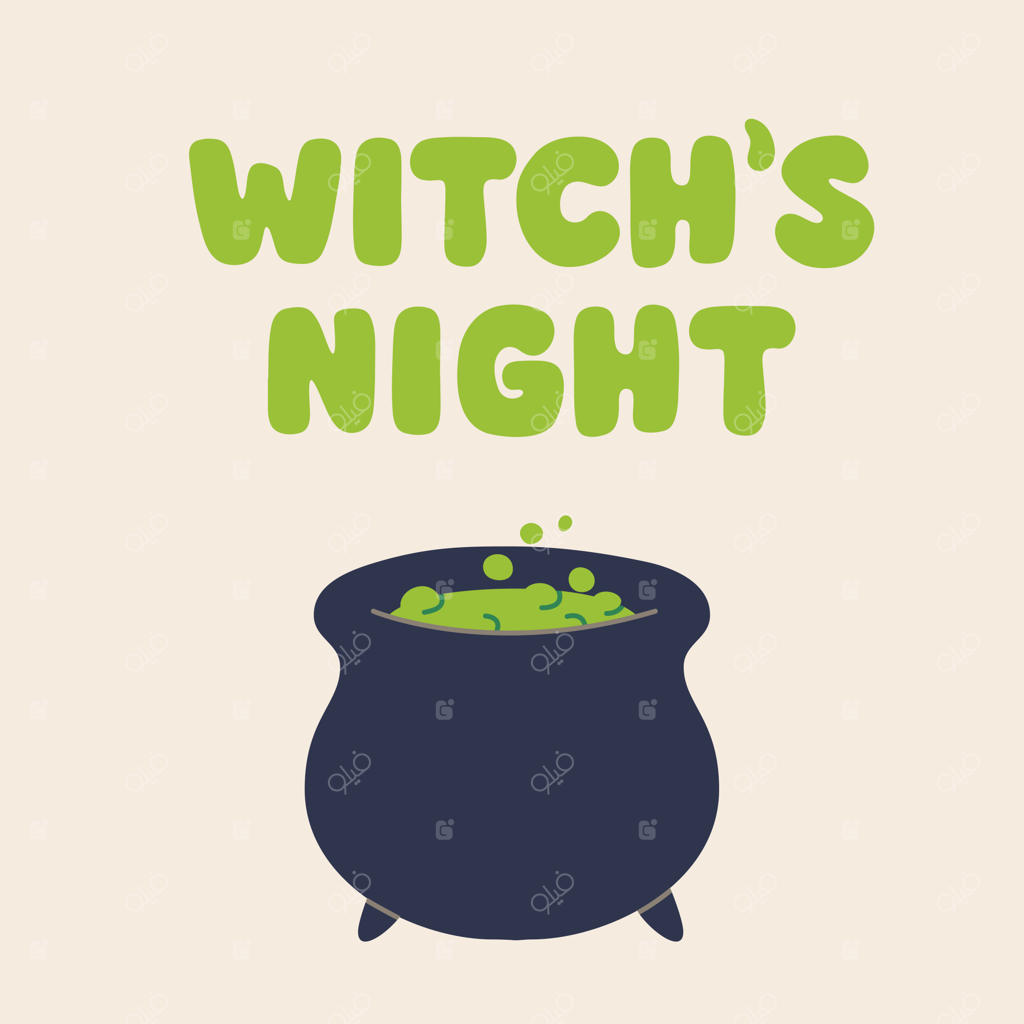 تصویرسازی وکتور هالووین با دیگ جوشان و تایپوگرافی شب جادوگر؛ طرح کارتونی و ترسناک مناسب برای کارت تبریک، پوستر و تزئینات فصلی