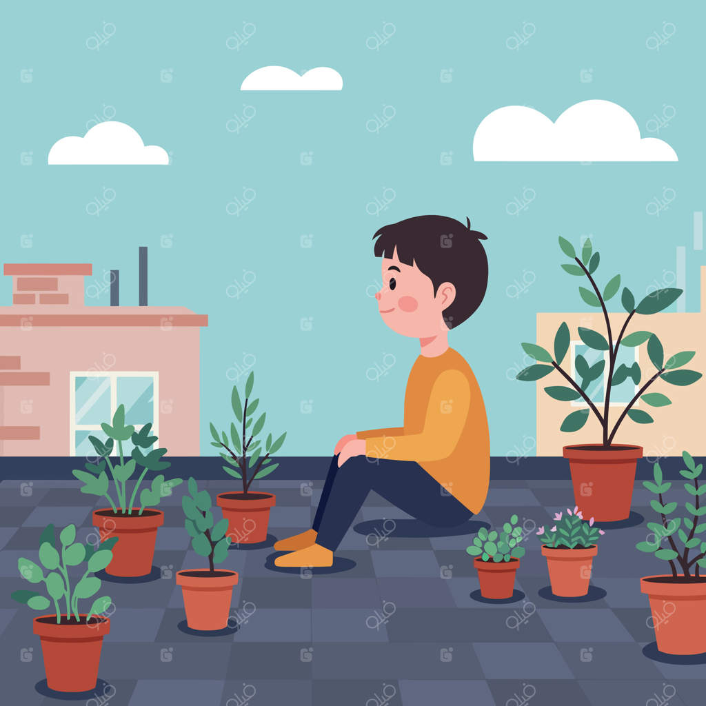 پسر بچه‌ای جوان که آرام در میان گلدان‌های یک باغ بام نشسته است، در یک تصویر ساده، آرامش و ارتباط با طبیعت را با رنگ‌های سبز زنده و ابرهای نرم در پس‌زمینه به نمایش می‌گذارد.