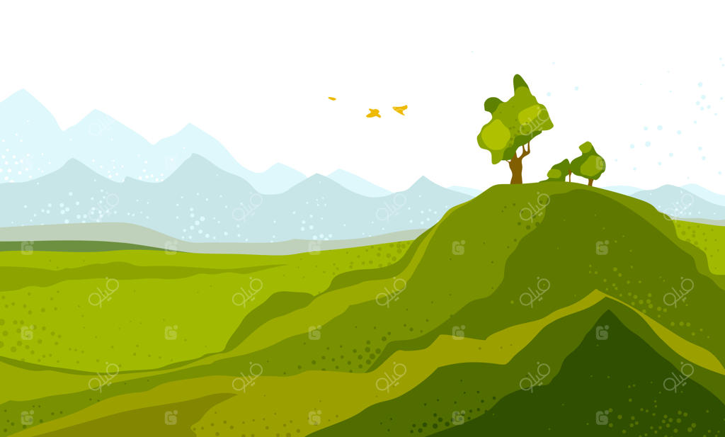 تصویرسازی وکتور از منظره زیبای طبیعت در فصل بهار یا تابستان؛ شامل دشت‌ها، تپه‌ها و کوه‌ها با مفهوم سفر و طبیعت‌گردی در حومه شهر.