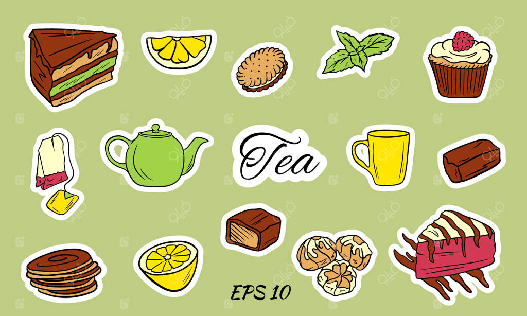 مراسم چای با نمادهایی بر روی پس‌زمینه سفید. مجموعه‌ای از لوازم چای: فنجان، قوری، چای کیسه‌ای، ابزار چای، لیوان به سبک مسطح. نمادهای وکتوری زمان چای.