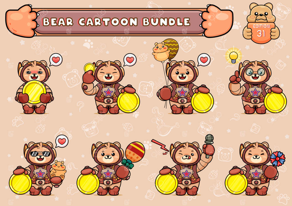 بسته یا مجموعه‌ای از تصاویر خرس بامزه در لباس فضانوردی همراه با سکه بزرگ و چیزهای دیگر