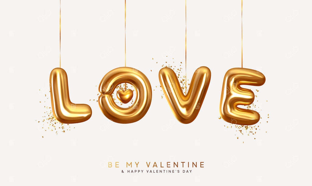 نوشته سه بعدی با فونت طلایی "عشق" آویخته بر روبان: طرحی رمانتیک مناسب روز ولنتاین، عروسی و روز مادر. تصویرسازی وکتور واقع‌گرایانه.