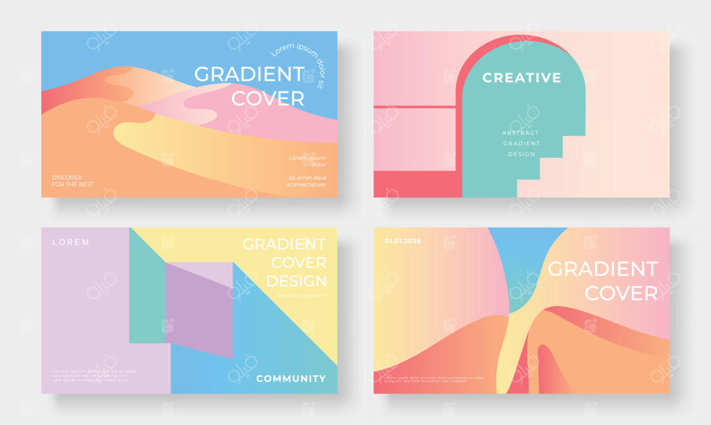 مجموعه‌ای از طرح‌های پس‌زمینه وکتور: کلکسیونی از مناظر زنده و گرادیانت پاستلی، شامل بیابان، دیوار، در و پله. طراحی برای کارت ویزیت، جلد، بنر، والپیپر و پوسترها.