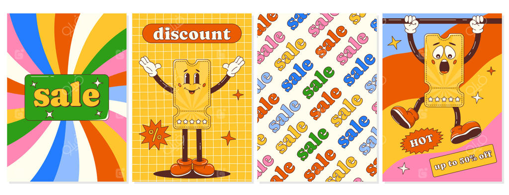 پوسترهای حراج رترو با شخصیت‌های کوپن تخفیف. پس‌زمینه وکتور، کارت‌ها به سبک کارتونی مد روز. امواج، مش‌بندی، بافت پیچیده، زیبایی‌شناسی Y2k. مجموعه قالب شبکه‌های اجتماعی A4 برای کسب‌وکار.
