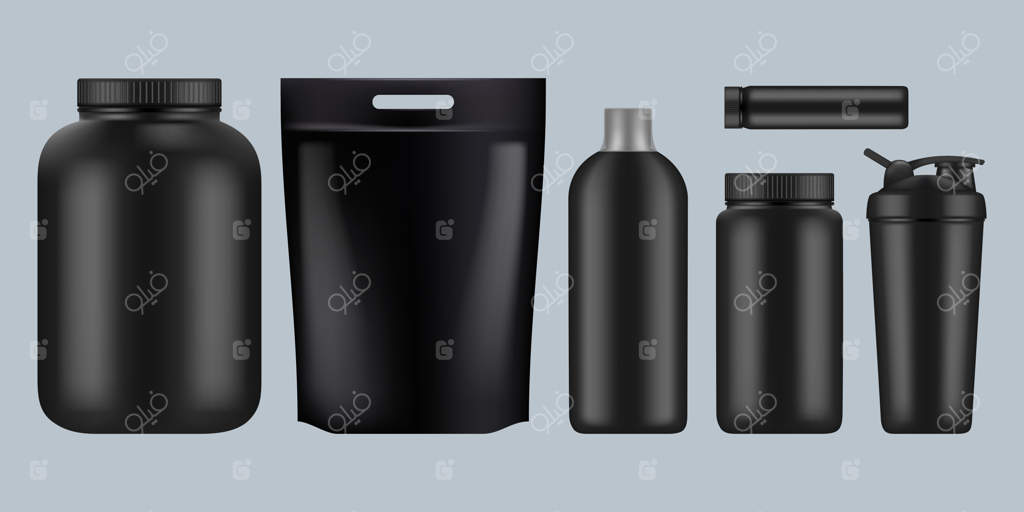 بسته‌های پروتئین: مکمل‌های غذایی و ورزشی برای تناسب اندام و سلامت - ظروف پلاستیکی برای باشگاه، شامل وی، BCAA و تغذیه ورزشی.