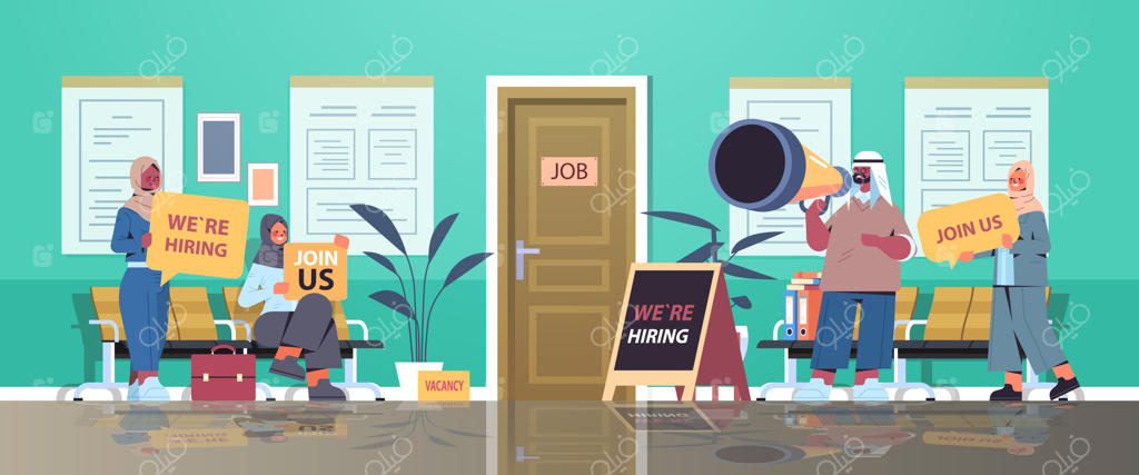 مدیران منابع انسانی عرب با پوسترهای "ما استخدام می‌کنیم، به ما بپیوندید" - فرصت‌های شغلی باز در راهرو اداری، استخدام نیروهای انسانی - تصویر برداری افقی و کامل