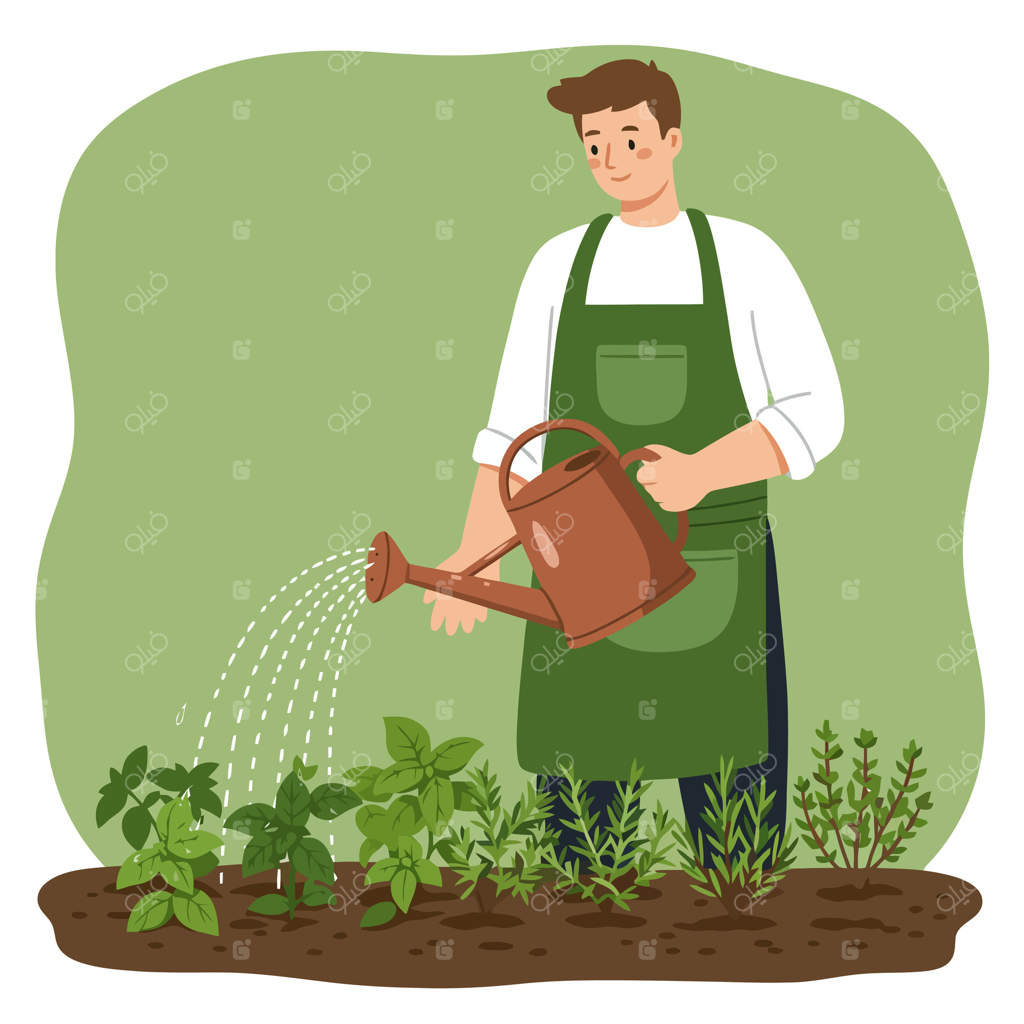 شخصی که در باغ با آبپاش گیاهان را آب می‌دهد - تصویرسازی