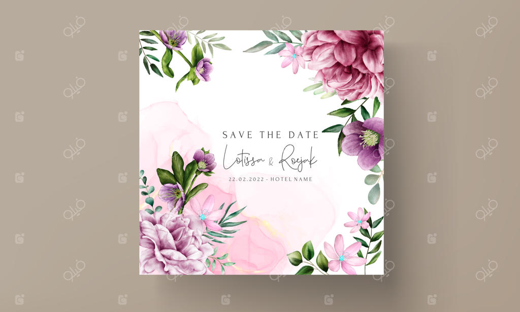 قالب کارت دعوت با طراحی آبرنگی گل بنفش زیبا