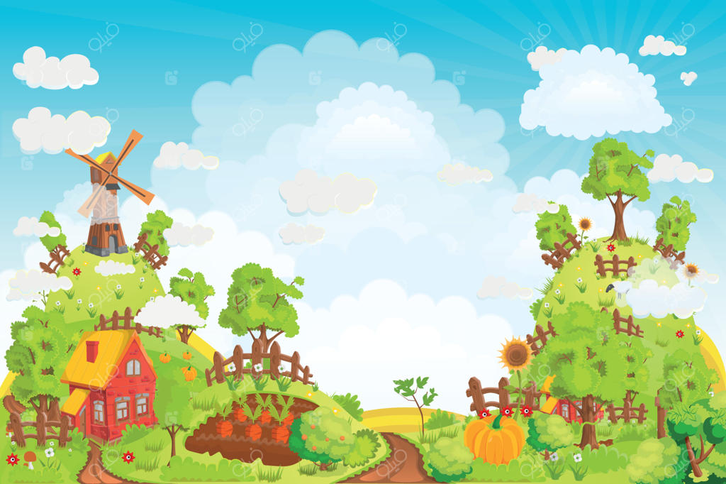 چشم‌انداز روستایی با خانه‌ها، باغ‌ها، آسیاب، مزرعه و تپه‌های بلند - تصویر وکتور