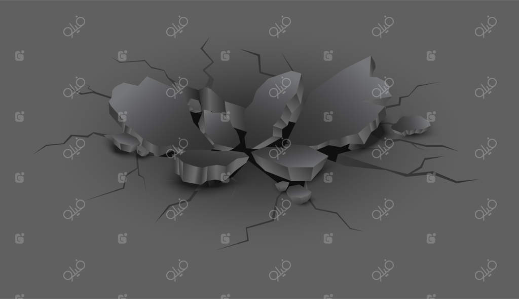 شکاف عمیق و واقعی در زمین با تکه‌های سنگ.