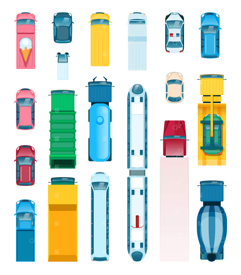 نمای بالا از وسایل نقلیه شهری: کامیون حمل‌ونقل، اتوبوس، کامیون، تاکسی، خودروی پلیس و آمبولانس