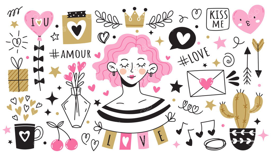 مجموعه‌ای از عناصر دوست‌داشتنی طراحی عشق روی زمینه‌ سفید