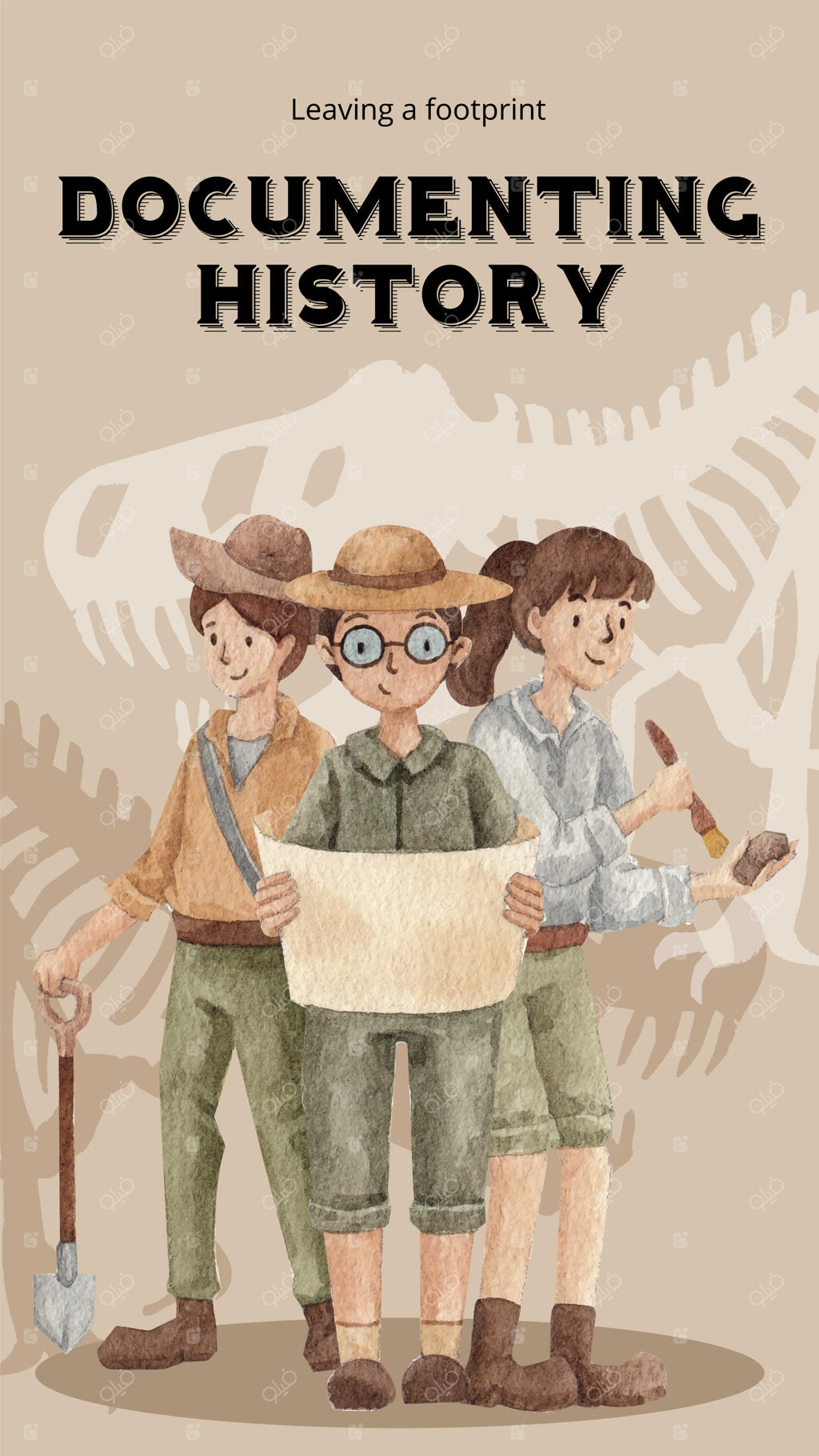 قالب استوری اینستاگرام با الهام از باستان‌شناسی فسیل‌ها به سبک آبرنگی