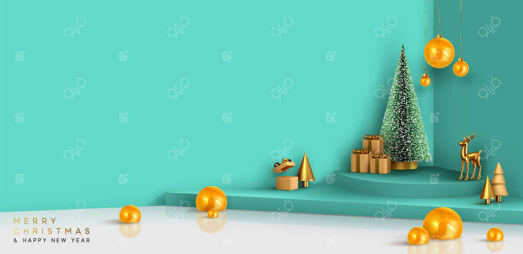طراحی داخلی جشن کریسمس: ترکیبی سه‌بعدی و واقعی. صحنه و پودیوم کریسمس. پس‌زمینه‌ای مینیمال و انتزاعی برای سال نو. قالبی مدرن و خلاقانه برای تعطیلات. بنر و پوستر. تصویر سازی وکتور.