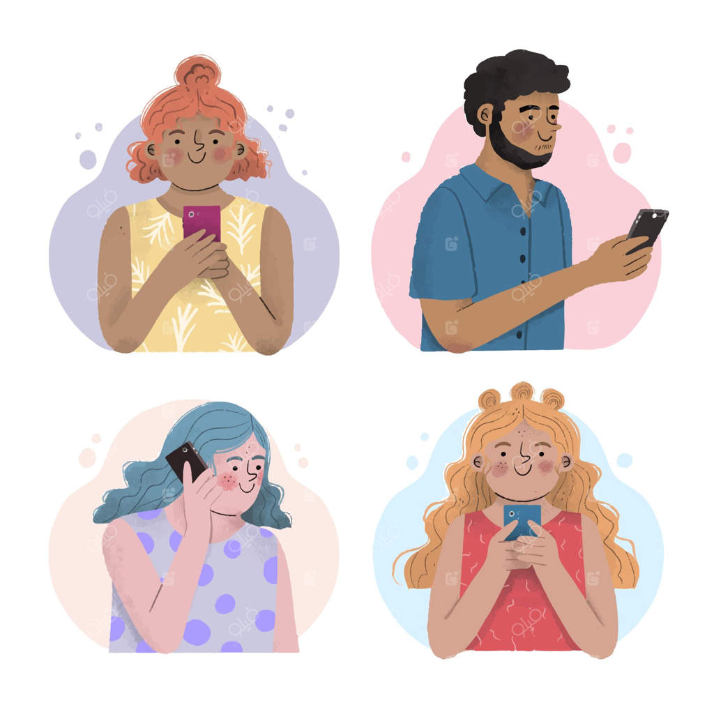 نقاشی دستی از جوانانی که با گوشی‌های هوشمند کار می‌کنند