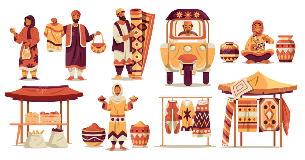 گشت و گذار در بازار پرجنب‌وجوش و ملاقات با صنعتگران محلی Pro Vector