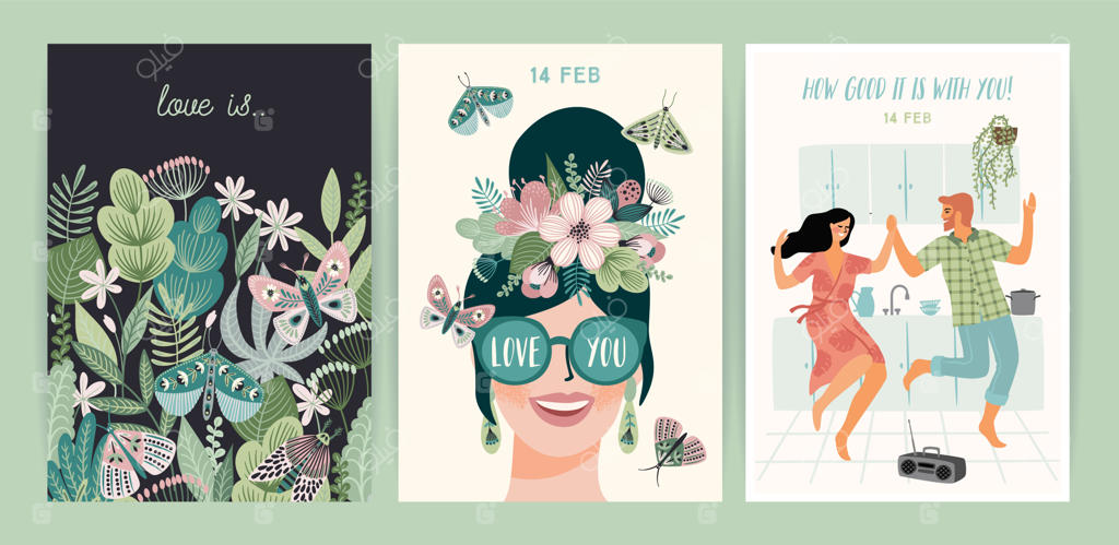 مجموعه‌ای از تصاویر عاشقانه: مفهوم طراحی برداری از داستان عاشقی مرد و زن برای روز ولنتاین و موارد دیگر