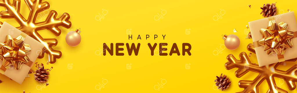 بنر کریسمس: طراحی پس‌زمینه‌ای با جعبه‌های هدیه، سه‌بعدی واقعی برف‌دانه‌های طلایی و کنفتی‌های درخشان. پوستر افقی کریسمس، کارت تبریک، هدرها، سایت، نمای بالا