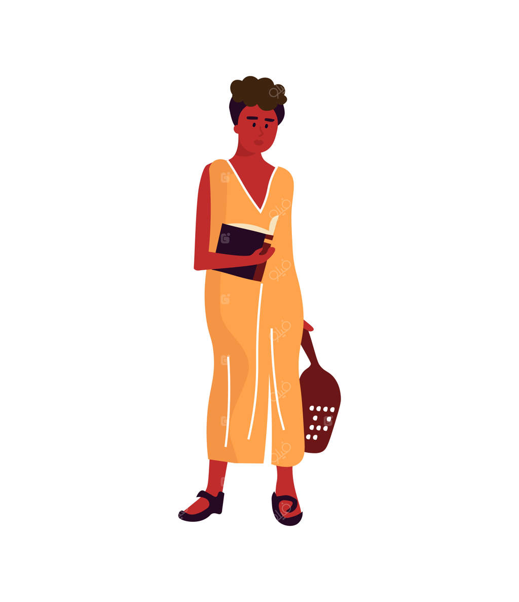 زن با کتاب: کاراکتر کارتونی زنی که ایستاده و کتابی در دست دارد - شخصیت جوان آفریقایی که در کتابخانه مطالعه می‌کند - نوجوانی با لباس زرد و معمولی - تصویر وکتور از شخصی که در حال قدم زدن است