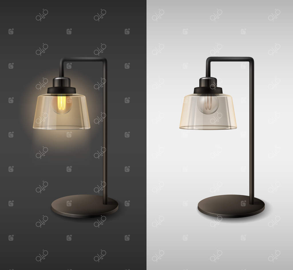 تصویر واقعی از چراغ رومیزی مدرن فلزی با شید شیشه‌ای شفاف در حالت روشن و خاموش