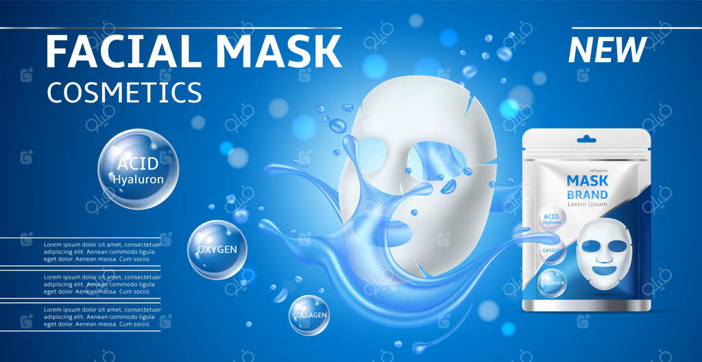 ماسک صورت آرایشی با بسته بندی سه‌بعدی واقعی و پوشش پنبه‌ای سفید مراقبت از زیبایی و مرطوب‌کننده اثر سم‌زدایی و لیفتینگ آبرسانی یا سرم کلاژن پوستر تبلیغاتی طرح وکتور