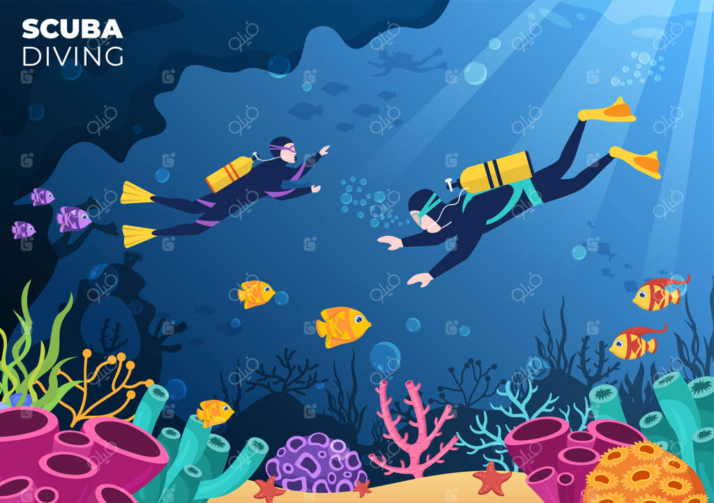 غواصی با تجهیزات شنای زیرآبی برای کاوش دریا در تصویرسازی کارتونی ساده