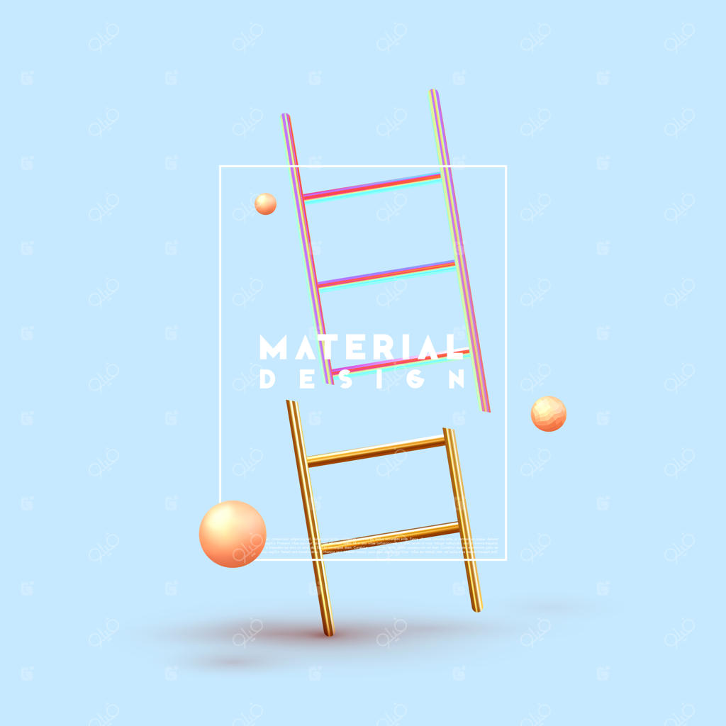 پس‌زمینه‌ی مینیمال با طراحی انتزاعی و اشکال سه‌بعدی – رندر واقع‌گرایانه اشیاء. پوستر خلاقانه، هنر مینیمال و مدرن. پلکان فلزی طلایی، کره و توپ. تصویرسازی وکتور.