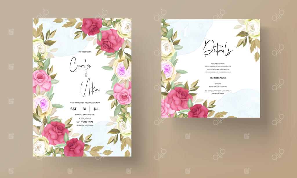 کارت دعوت عروسی رمانتیک با طراحی دستی گل رز