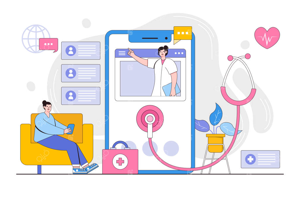 مفهوم خدمات سلامت از راه دور: تشخیص بیماری و مشاوره پزشک از طریق تماس تلفنی یا ویدئو کنفرانس اینترنتی - طراحی ساده و مینیمال برای تصاویر اصلی صفحات وب