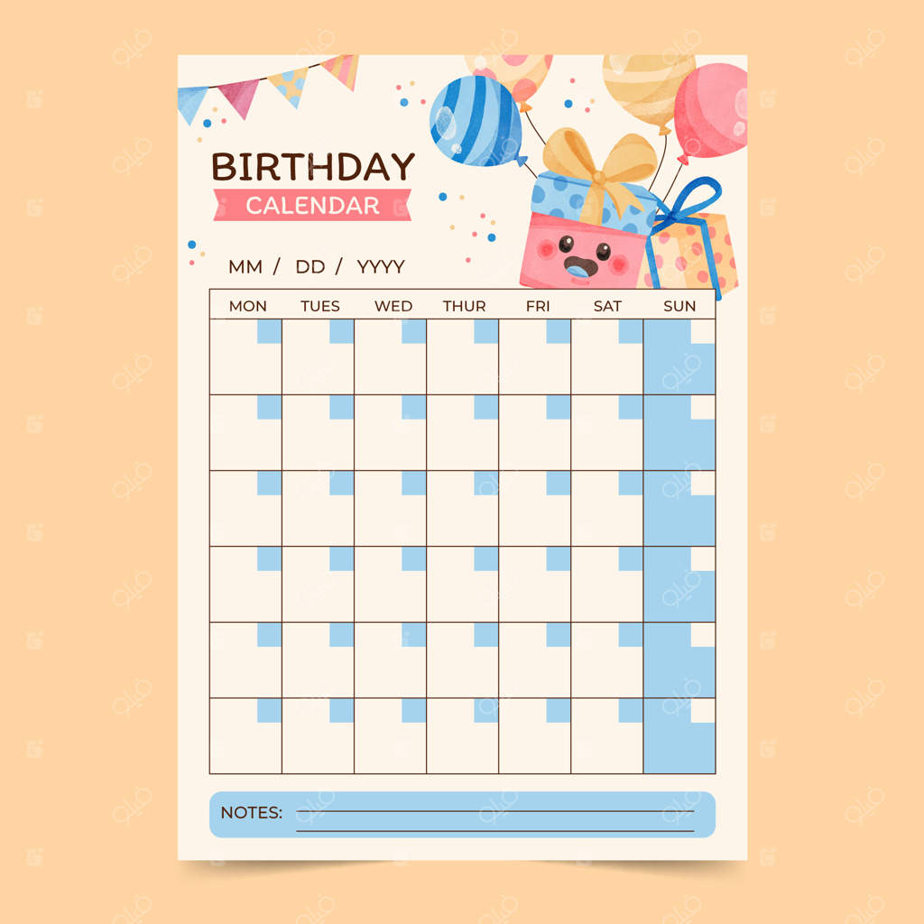 طراحی قالب تقویم تولد با آبرنگ