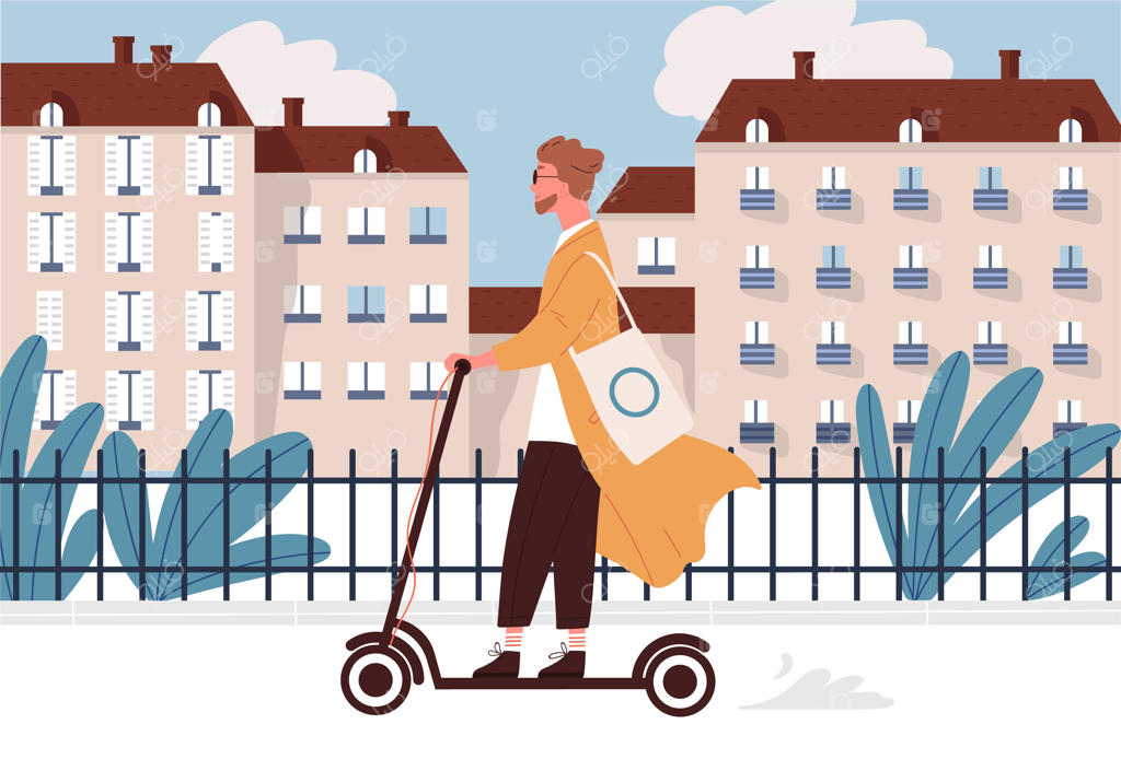 مرد جوان خوشحال با اسکوتر موتوری یا برقی در خیابان شهری در حال سواری است