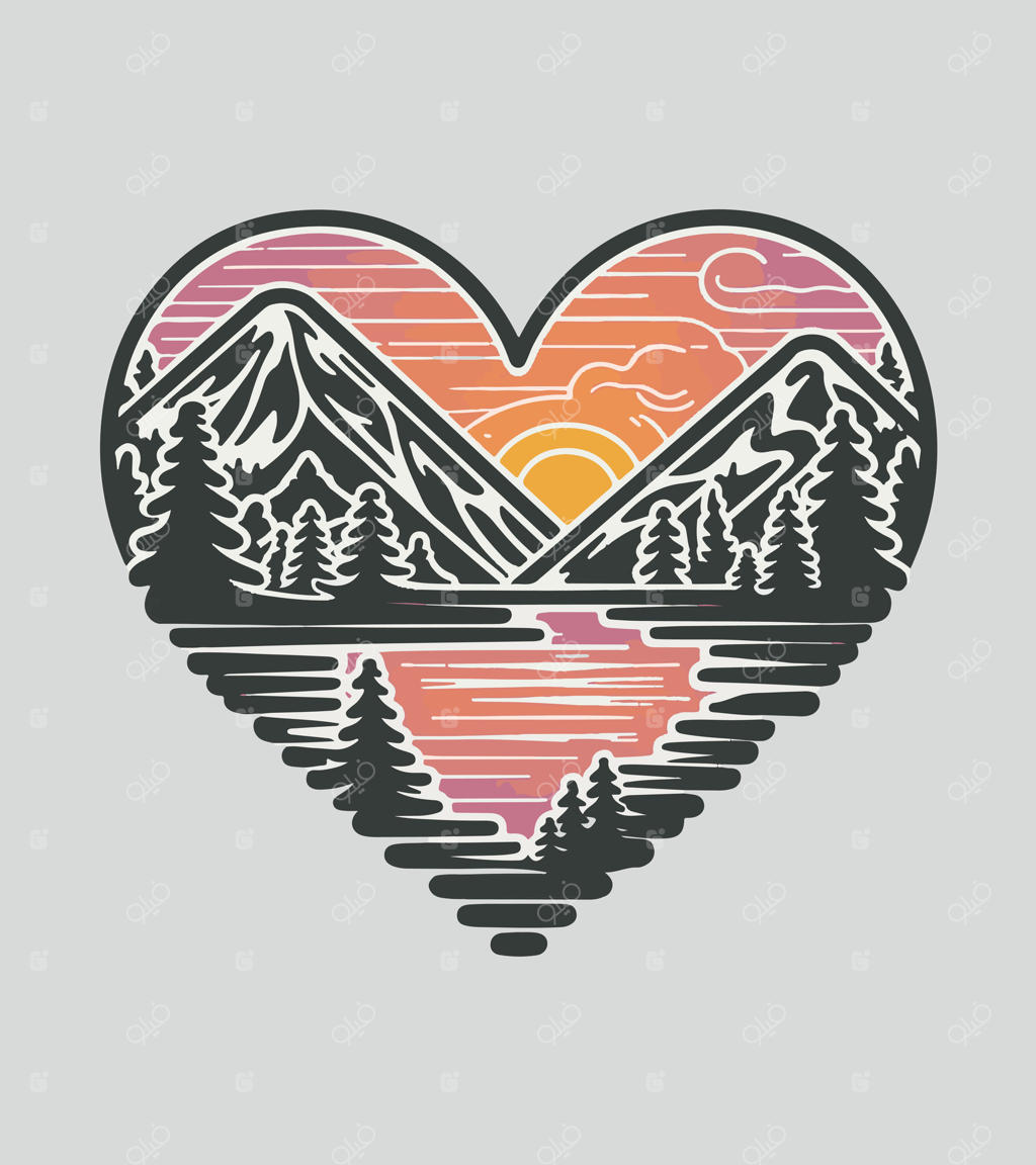 طرح قلب با پس‌زمینه کوهستان و درختان